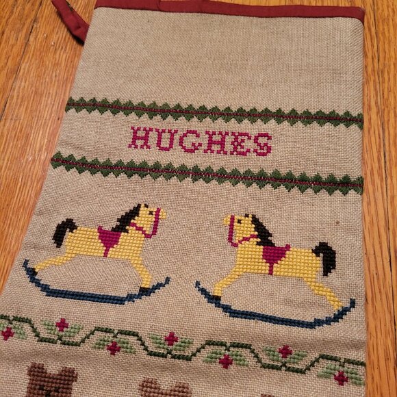 2 Personalized Cross Stitch Christmas Stockings Holiday Decor Rustic Burlap - Picture 5 of 8